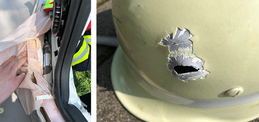 Airbag cylinder penetrated helmet
