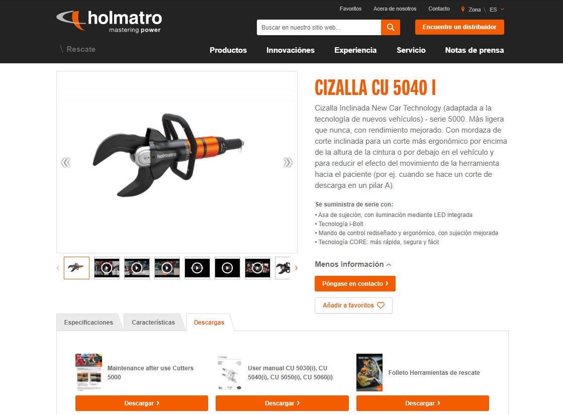 Instrucciones de mantenimiento de la herramienta de rescate en el sitio web de Holmatro